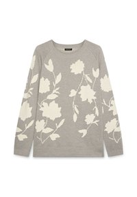 Šedý pletený svetr s dlouhými rukávy, zdobený bílými květinovými vzory. Kulatý výstřih a ribbovaný lem dodávají designu strukturu.