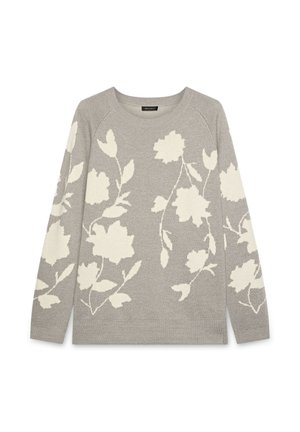 Maglione grigio a maglia con maniche lunghe, caratterizzato da motivi floreali bianchi. Il collo rotondo e l'orlo a costine aggiungono texture al design.