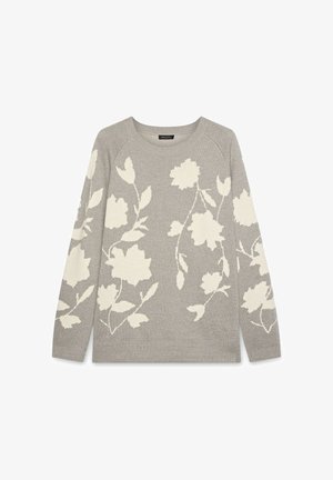 Pulover gri din tricot cu mâneci lungi, având modele florale albe. Decupaj rotund la gât și tiv ribonat adaugă textură design-ului.