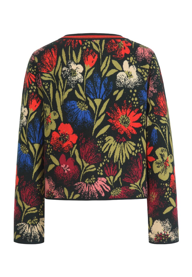 Pull en tricot à motif floral avec des manches longues, un fond noir et des fleurs multicolores dans des nuances de rouge, bleu et vert.