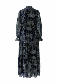 Maxikleid aus dunkelblauem Stoff mit Paisleymuster. Hat lange Ärmel, einen rüschengeschmückten Saum und einen hohen Ausschnitt mit gerafftem Detail.