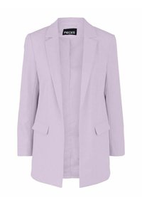 Blazer lila con un ajuste entallado, que presenta solapa con muesca, dos bolsillos delanteros y mangas largas. Tejido suave con acabado mate.