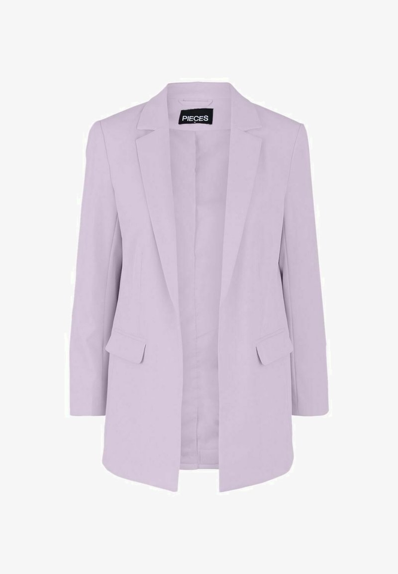 Blazer lila con un ajuste entallado, que presenta solapa con muesca, dos bolsillos delanteros y mangas largas. Tejido suave con acabado mate.