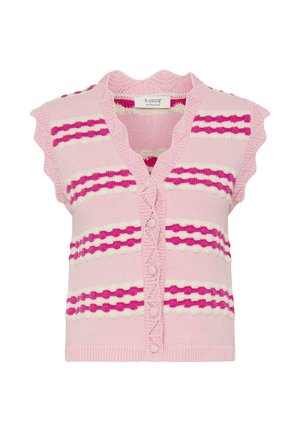 Cardigan tricotat roz fără mâneci, cu margini volanate, închidere cu nasturi și dungi orizontale în modele texturate magenta și alb.