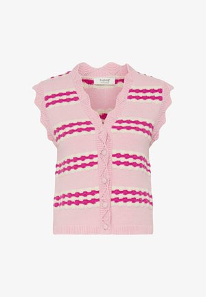Gilet en maille rose sans manches avec bords volantés, fermeture par boutons, et rayures horizontales en motifs texturés magenta et blanc.