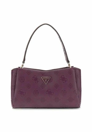 Sac à main en imitation cuir violet avec un motif de logo embossé, des accessoires en or en forme de triangle et une seule anse double.