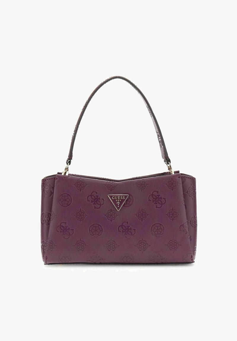 Sac à main en imitation cuir violet avec un motif de logo embossé, des accessoires en or en forme de triangle et une seule anse double.