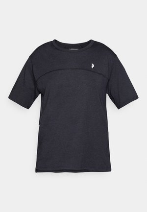 Dark gray short-sleeve athletic t-shirt with crew neck and small white logo on the upper left chest.