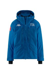 Giacca impermeabile blu con cappuccio, dotata di due tasche frontali con zip, logo Kappa e patch con la bandiera italiana sulla manica sinistra.
