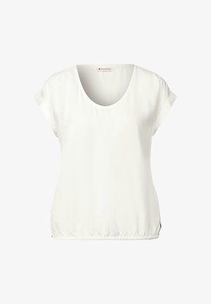 Biały top z krótkim rękawem o okrągłym dekolcie i elastycznym dołem. Materiał wydaje się gładki i lekko błyszczący z delikatnymi fałdami.