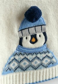 Strickpullover aus Wolle mit einem cremefarbenen Hintergrund. Auf ihm ist ein gestickter Pinguin zu sehen, der einen hellblauen Hut mit einem Pompon und einen gemusterten blauen Pullover trägt.