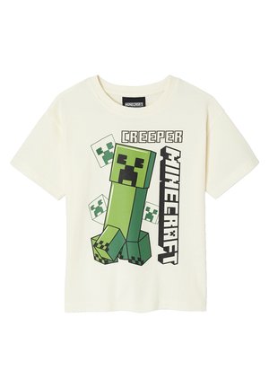 Weißes T-Shirt mit kurzen Ärmeln, großer grün Minecraft Creeper-Figur und den Texten "CREEPER" und "MINECRAFT" auf der Vorderseite.