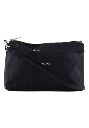 Navy nylon crossbody bag with silver hardware, zip closure, and embossed logo. Features a sleek rectangular shape and adjustable strap.