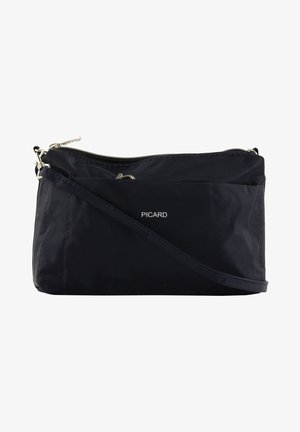 Navy nylon crossbody bag with silver hardware, zip closure, and embossed logo. Features a sleek rectangular shape and adjustable strap.