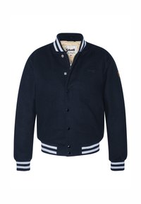 Marineblauwe varsityjack met witte gestreepte ribgebreide kraag, manchetten en zoom, drukknoopsluiting en beige binnenvoering met merklabel.
