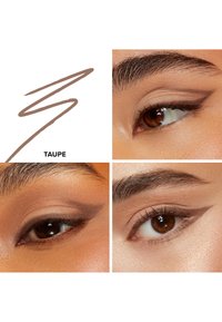 Taupe Eyeliner-Test und Nahaufnahmen eines Auges mit sanften Taupe-Tönen, einem scharfen Wing und gut definierten Augenbrauen. Weiche Hautstruktur.