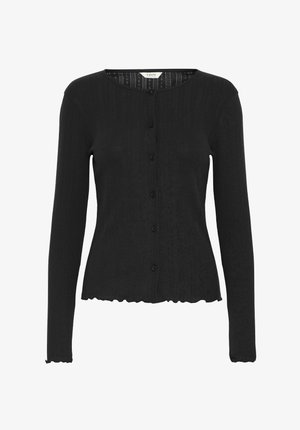Cardigan negro de manga larga con textura acanalada, escote redondo, cierre de botones y dobladillo con volantes en los puños y la parte inferior.