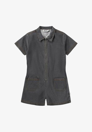 Krótki, ciemnoszary kombinezon z denimu z krótkim rękawem, przednim suwakiem, kołnierzem i dwoma naszywanymi kieszeniami z przodu.