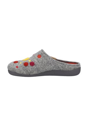 Gray felt slipper with colorful felt dots in red, orange, and yellow. Features a round toe and black rubber sole for grip.