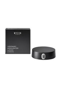 Evidenziatore compatto circolare nero con un logo metallico "W" e una scatola nera abbinata con l'etichetta "Visionary Highlighter". Texture opaca liscia.