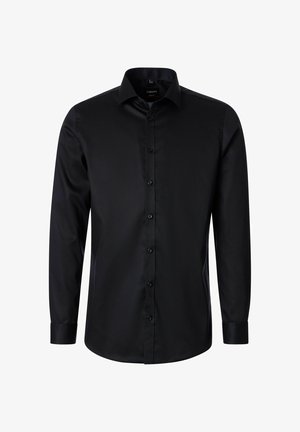 Schwarzes Herrenhemd mit langen Ärmeln, Knopfleiste vorne und klassischem Kragen, glattem Stoff und schlankem Schnitt.