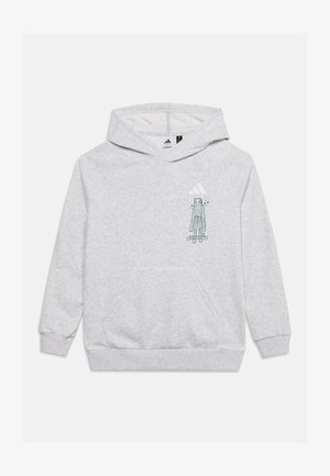 Lysegrå hættetrøje med frontlomme, Adidas-logo og Minecraft-tema grøn pixelkarakterdesign på brystet.