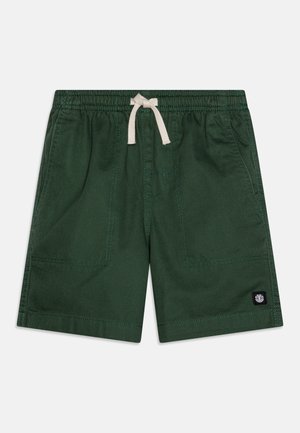 Pantalones cortos verde oscuro con cintura elástica, cordón blanco, bolsillos frontales parche y pequeño parche de logo negro en la pierna izquierda.