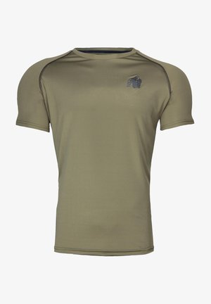 Olijfgroen sportshirt met korte mouwen, ronde hals, gladde textuur en subtiele logodetails op de borst.