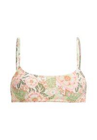 Top de bikini floral con finas tiras ajustables. Presenta un patrón multicolor en rosa, verde y beige sobre un fondo claro. Tejido suave.