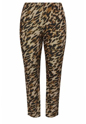 Beige, brun ja must leopardimustriga kitsad püksid. Pehme, venitav kangas sileda tekstuuriga. Keskmise kõrgusega vöökoht, pahkluudeni ulatuv lõige.