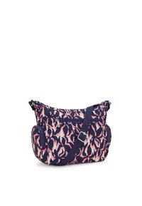 Multicolor shoulder bag with a navy and pink abstract pattern, made of soft fabric. Features adjustable strap and two zippered pockets.