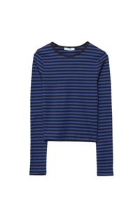 Maglia a maniche lunghe con scollo rotondo e strisce orizzontali blu e nere, realizzata in tessuto morbido, con design aderente e orlo dritto.