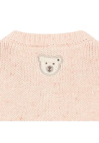 Světle růžový pletený svetr s žebrovaným výstřihem a texturovanou nášivkou medvěda na zadní straně. Měkká tkanina s jemným vzhledem.