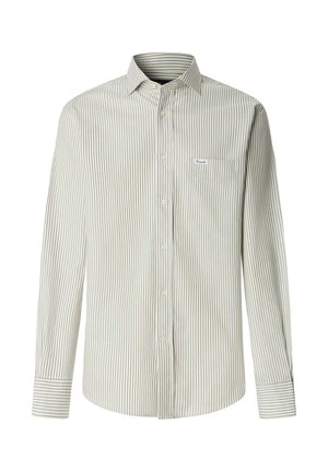 Chemise boutonnée à rayures beige clair et blanc, avec manches longues, poche poitrine et ourlet arrondi. Tissu texturé.