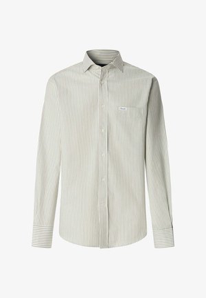 Chemise boutonnée à rayures beige clair et blanc, avec manches longues, poche poitrine et ourlet arrondi. Tissu texturé.