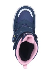 Navy blue boot with velcro strap, white and pink accents, padded interior, and loop for easy wear. Smooth outer material with textured details.