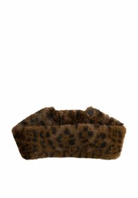 Rjava lažna krzna naglavna trak z leopardjim vzorcem, ki ima teksturirano površino in široko, oblazinjeno zasnovo za udobje.