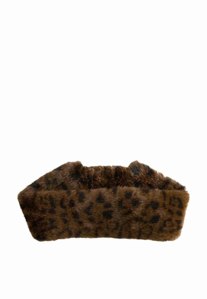 Rjava lažna krzna naglavna trak z leopardjim vzorcem, ki ima teksturirano površino in široko, oblazinjeno zasnovo za udobje.