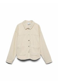 Beige kordjacka med krage, framknäppning och två stora fickor. Har ribbad textur och avslappnad passform.