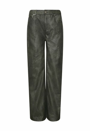 Metallic grønne breddeben jeans lavet af skinnende stof, der har en frontknaplukning, fem lommer og en glat overflade.