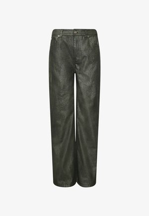 Metallic green wide-leg jeans made of shiny fabric, featuring a front button closure, five pockets, and a smooth texture.