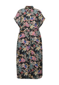 Blumenkleid Midi mit kurzen Ärmeln, schwarzer Hintergrund, elastischer Bund, buntes Muster aus pinken, blauen und grünen Blumen, Kragen.
