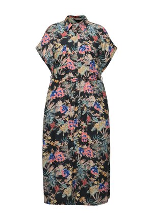 Abito midi floreale con maniche corte, sfondo nero, vita elastica, motivo colorato di fiori rosa, blu e verdi, colletto.