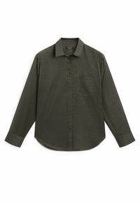 Chemise boutonnée vert foncé à manches longues, avec une poche poitrine unique et un ourlet arrondi. Fabriquée dans un tissu lisse et texturé.