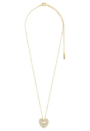 Gold chain necklace featuring a heart-shaped pendant adorned with clear crystals, textured surface, and a cut-out design in the center.