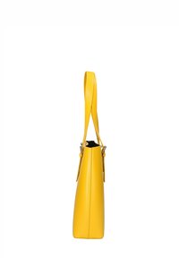 Borsa tote gialla in pelle con una forma strutturata, una sola tracolla e dettagli in metallo argentato, con una texture liscia e senza motivi visibili.