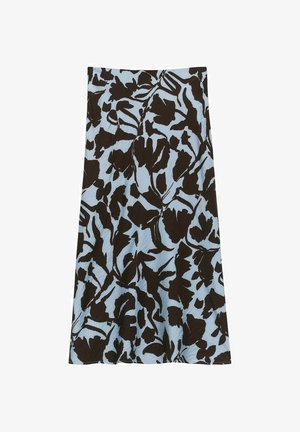 Midi-hame, joka on valmistettu kevyestä kankaasta, jossa on sininen tausta, rohkea musta kukkapainatus ja teksturoitu pinta.