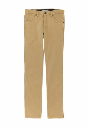 Jeans de mezcla de algodón en tono tostado con un diseño de pierna recta, cinco bolsillos y remaches de metal oscuros. Presentan costuras visibles y una cinturilla clásica.