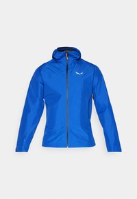 Blå vattentät jacka med dragkedja, justerbar huva, grå dragkedja och vit logotyp på bröstet. Slät textur, ergonomisk design.