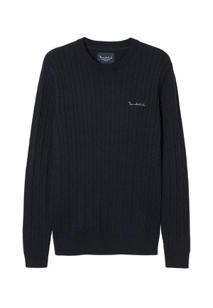 Granatowy sweter z dzianiny z wzorem w kabel, okrągłym dekoltem oraz ściągaczami przy mankietach i u dołu. Haftowane logo na piersi.